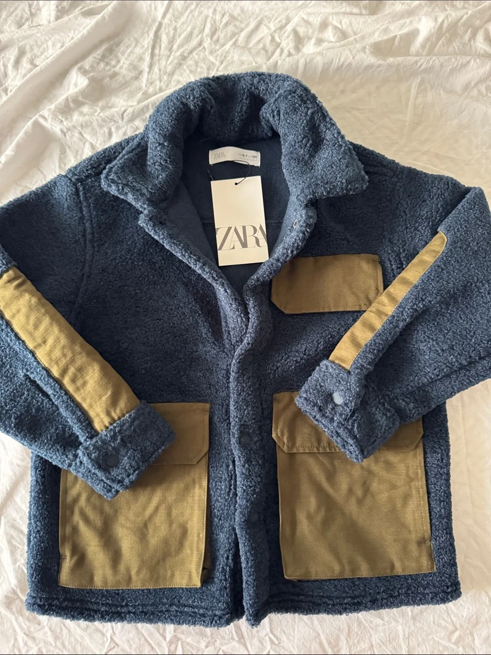 ZARA Kids Navy Sherpa Jacket with Contrast Tan Pockets NWT size 6-7